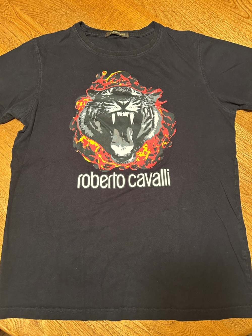 Roberto Cavalli Black Tee with Fiery Tiger Graphic